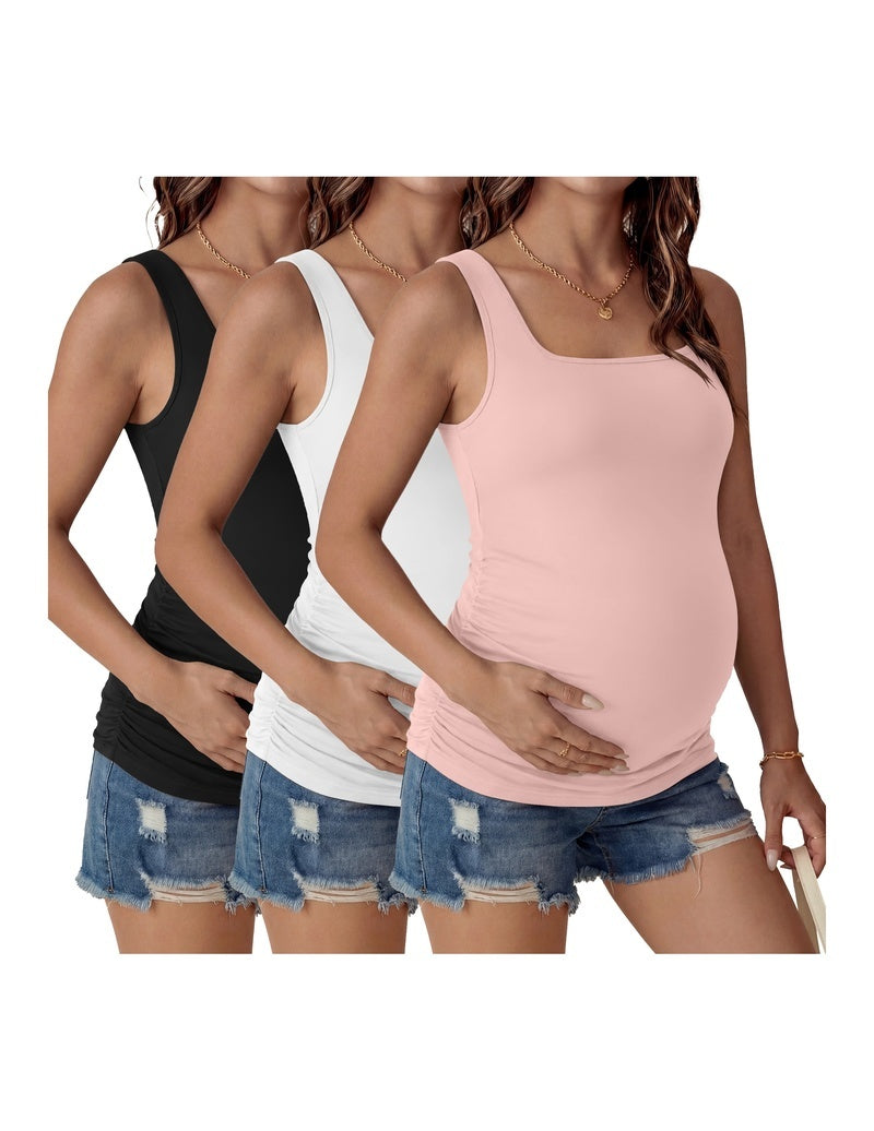 Ruched square-neck maternity tank tops (3-pack) in black, white, and blush pink.