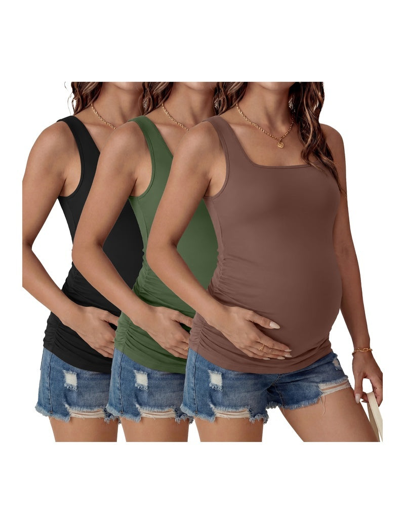 Ruched square-neck maternity tank tops (3-pack) in black, olive green, and brown.