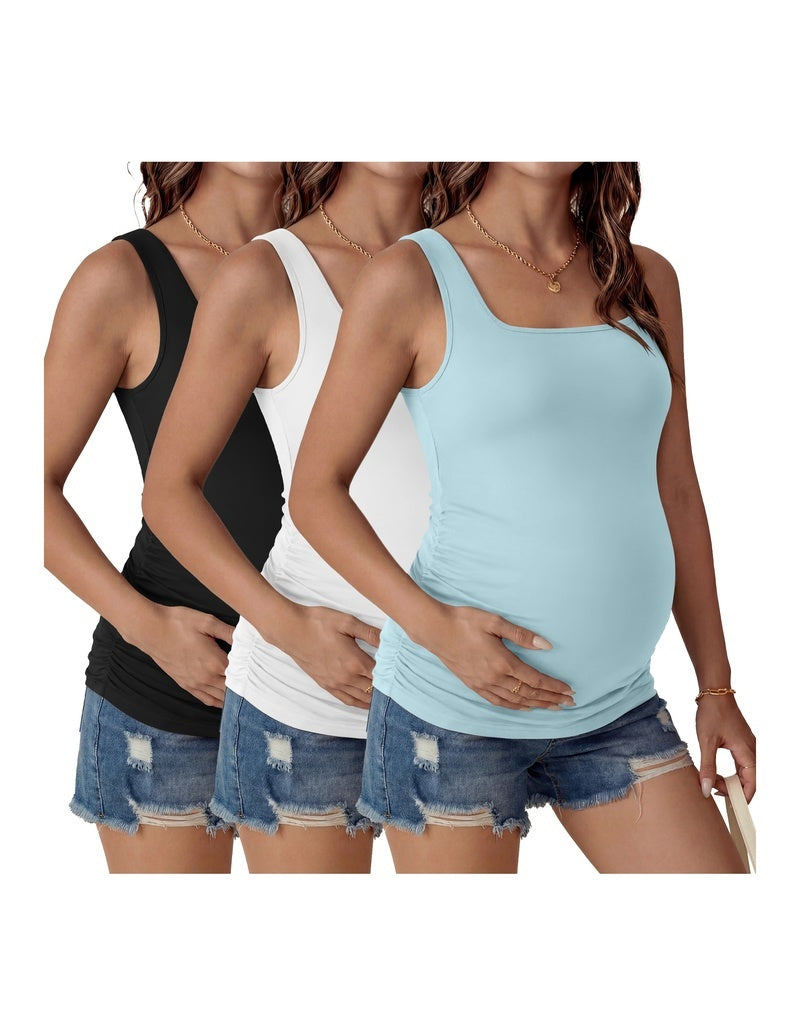 Ruched square-neck maternity tank tops (3-pack) in black, white, and light blue.
