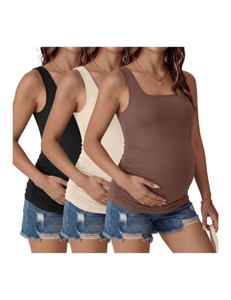 Ruched square-neck maternity tank tops (3-pack) in black, white, and brown.