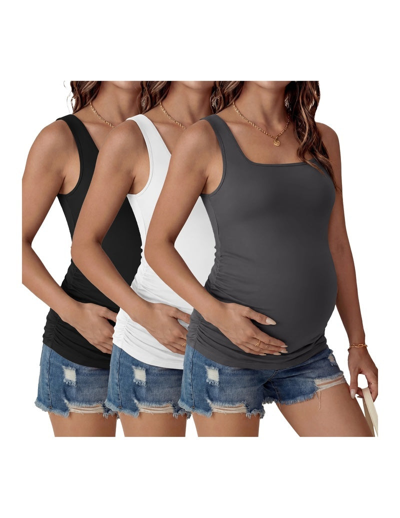 Ruched square-neck maternity tank tops (3-pack) in black, white, and dark grey.