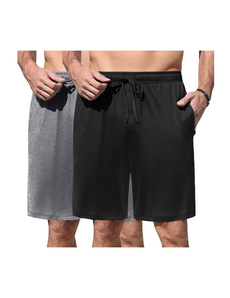 Men's elastic waist pajama shorts in heather gray and solid black, with drawstring