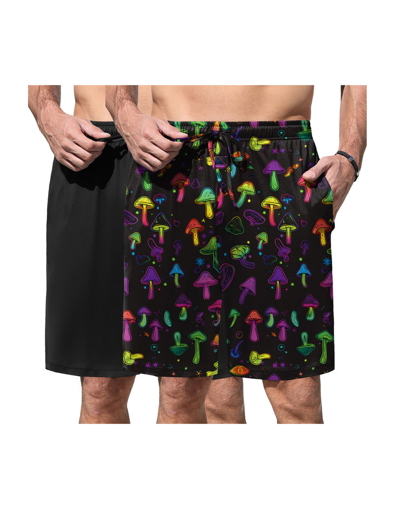 Men's elastic waist pajama shorts in black with colorful mushroom print and drawstring