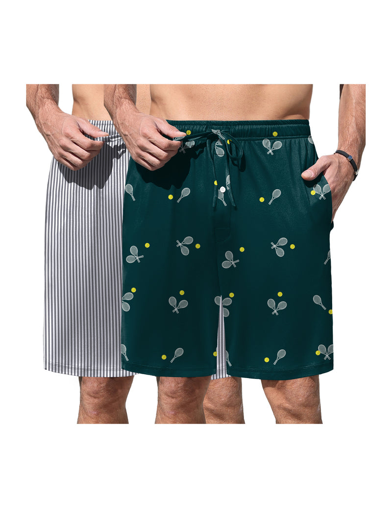 Men's elastic waist pajama shorts in dark green with yellow icon print and drawstring