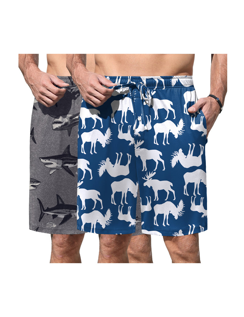 Men's elastic waist pajama shorts in blue with white animal silhouettes and drawstring