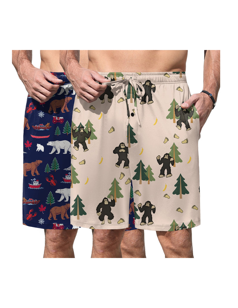 Men's elastic waist pajama shorts in light beige with forest and bear print