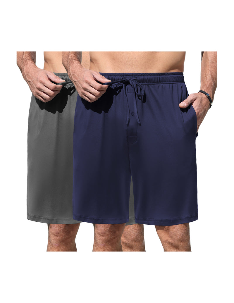 Men's elastic waist pajama shorts in heather gray and navy blue with drawstring