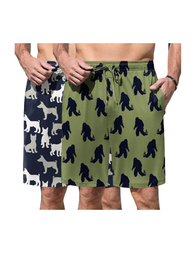 Men's elastic waist pajama shorts with dark blue and white animal print on olive green
