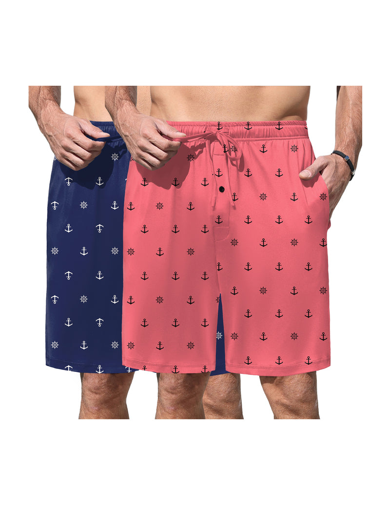 Men's elastic waist pajama shorts with navy anchor and sailboat print on pink