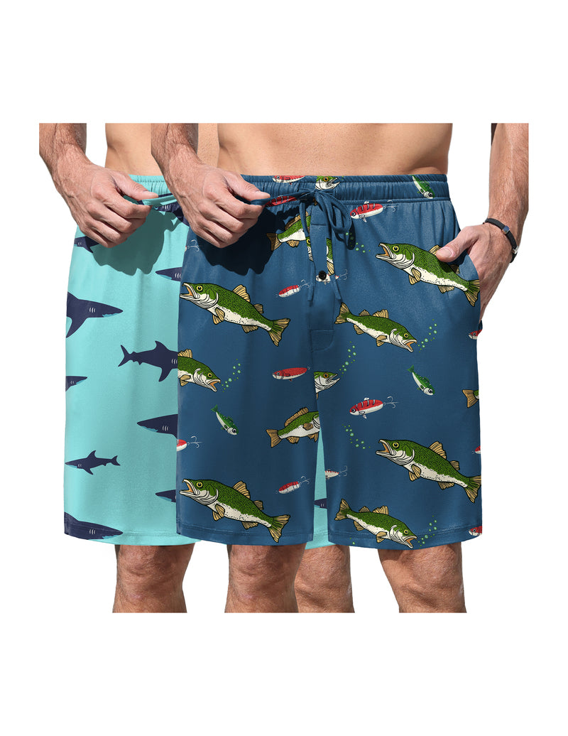 Men's pajama shorts with fish print, elastic waist and drawstring
