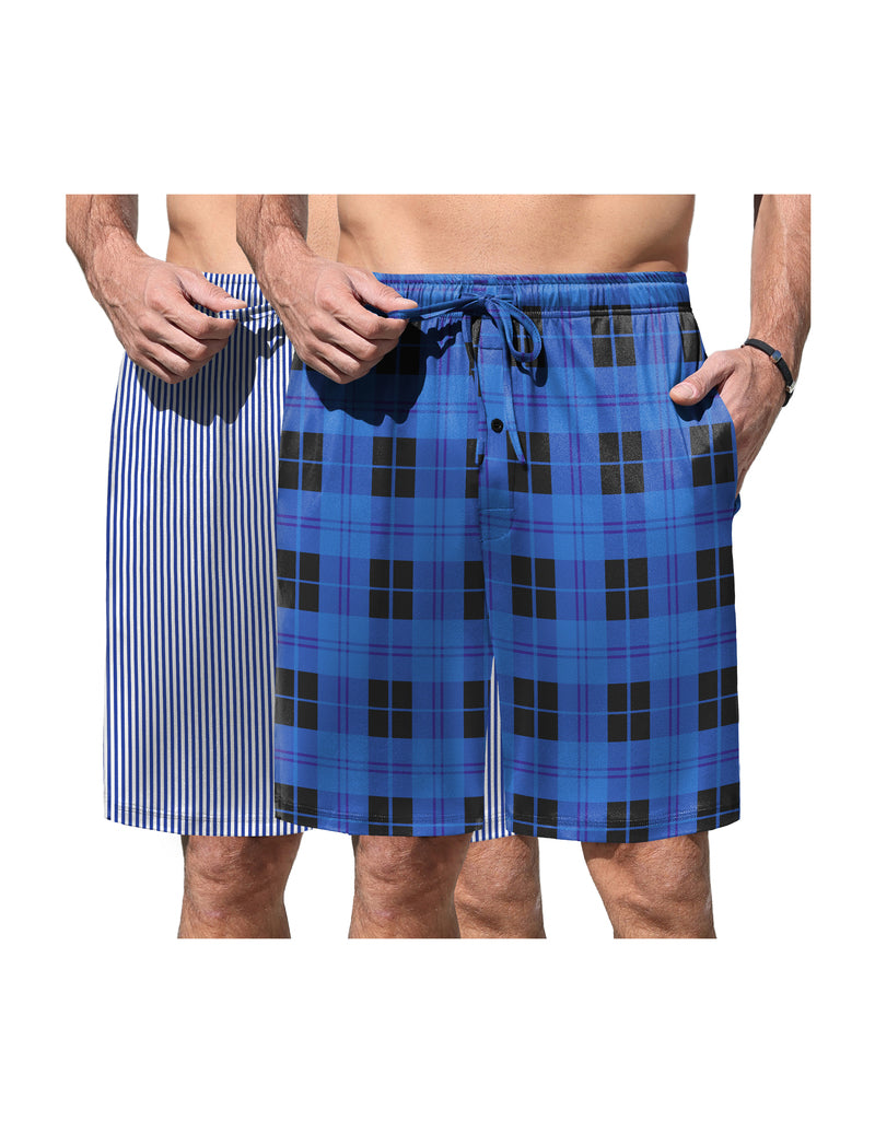 Men's pajama shorts 2-pack: blue plaid and blue-striped elastic waist drawstring