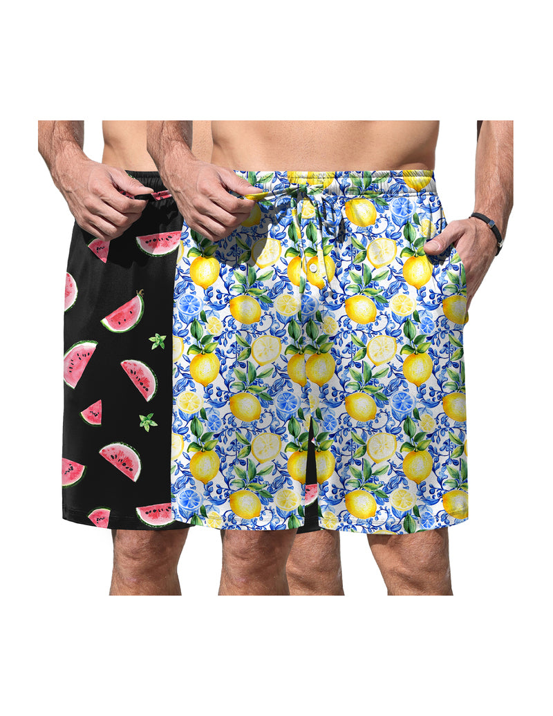 Men's pajama shorts with lemon print, elastic waist and drawstring
