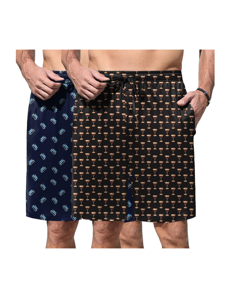 Men's pajama shorts with drink-themed print, elastic waist and drawstring