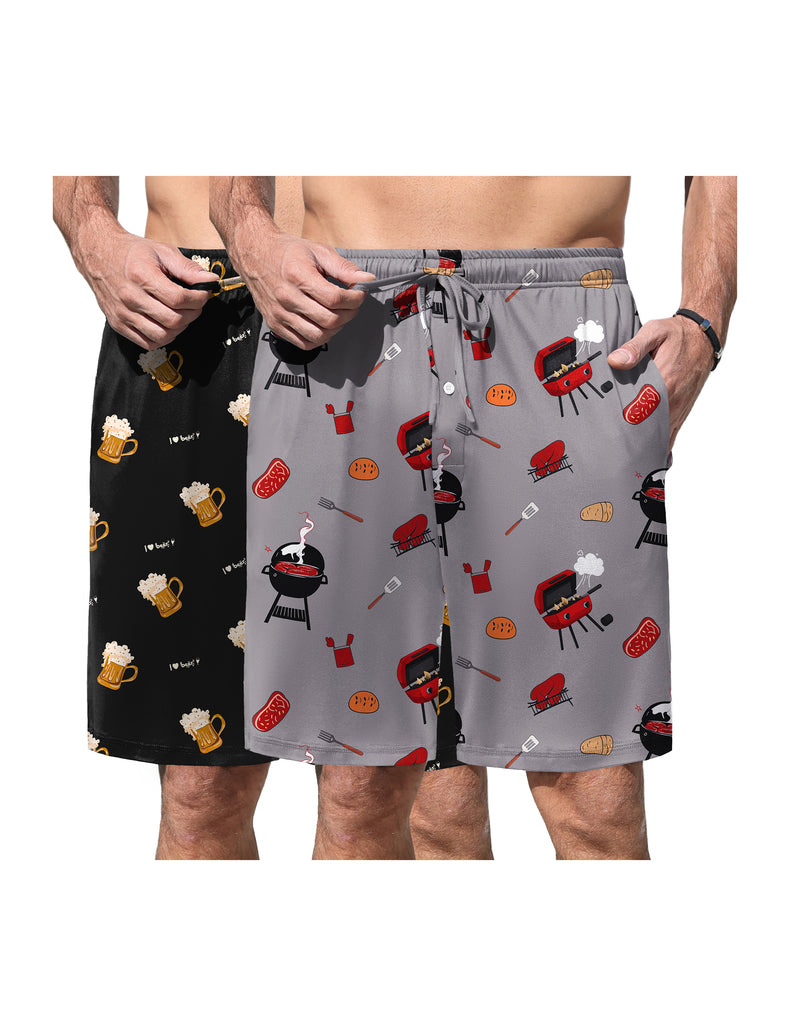 Men's pajama shorts with food-themed print, elastic waist and drawstring
