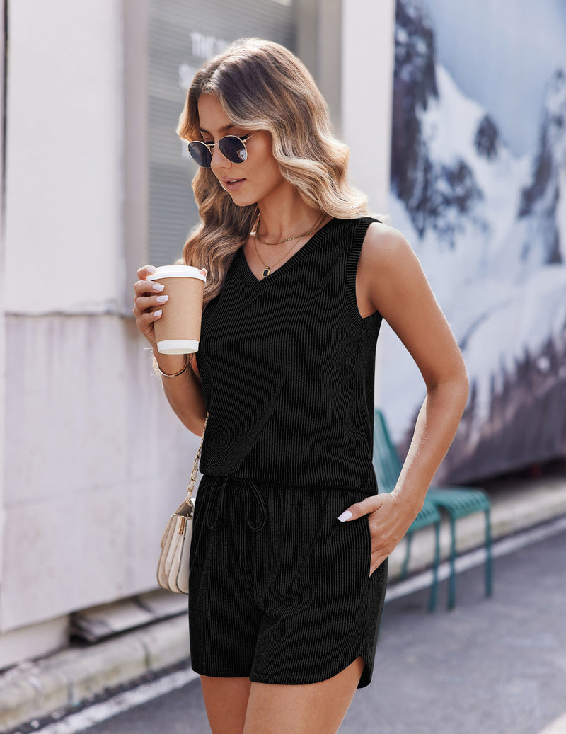 Knit tank and shorts set, black sleeveless V-neck top with matching drawstring shorts