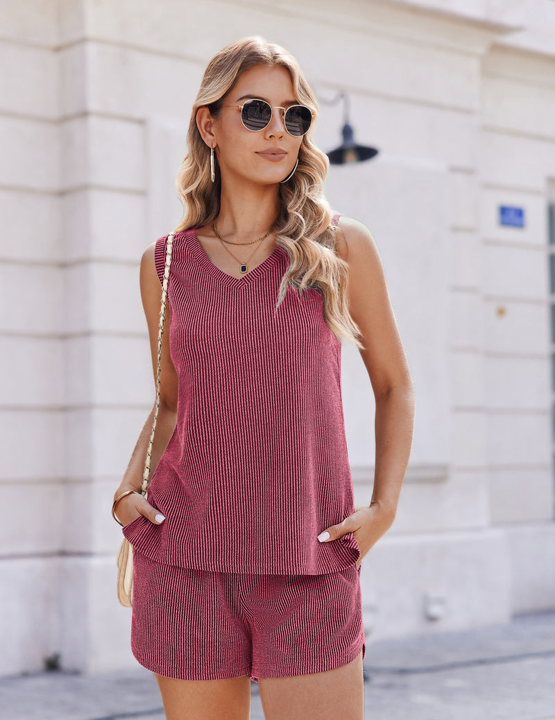 Ekouaer pink knit v-neck tank and matching shorts set, relaxed fit