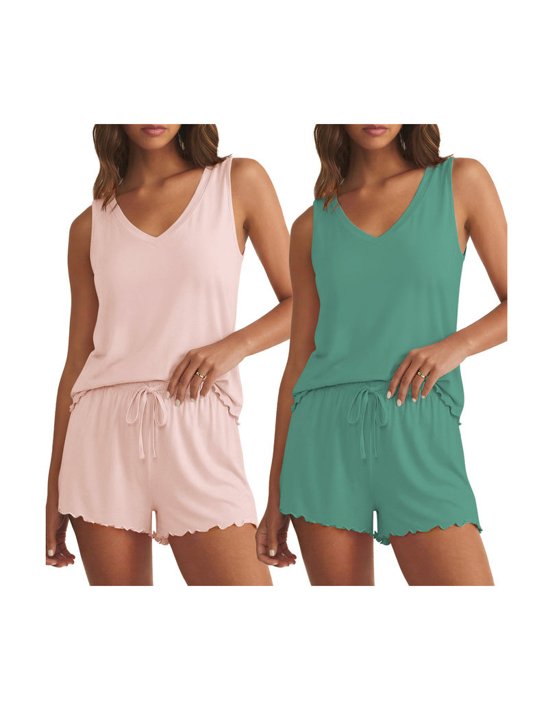 V-neck pajama set with ruffle shorts, pale pink and teal green solid sleeveless sets