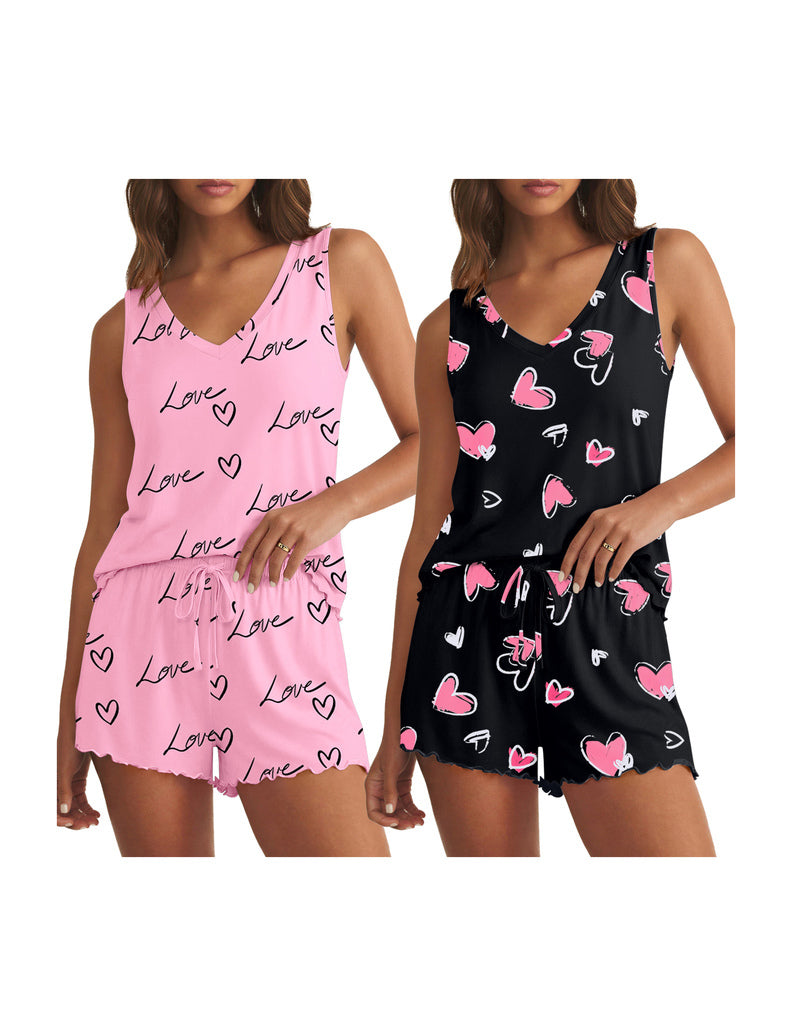V-neck pajama set with ruffle shorts, pink and black tanks with heart and bow prints