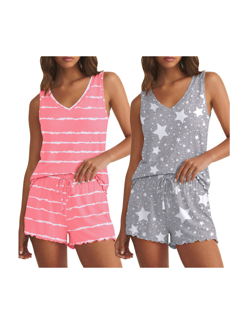 V-neck tank pajama set with ruffle shorts, pink striped and gray star print
