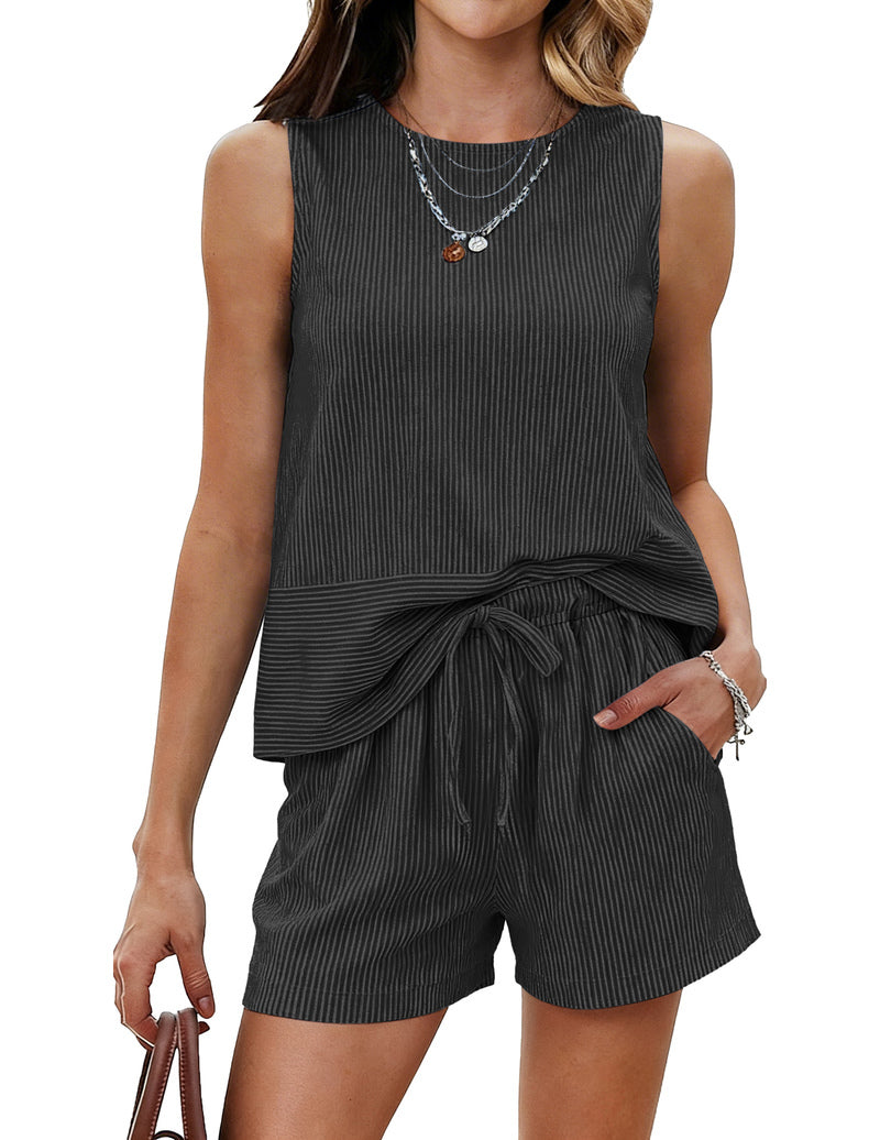 Charcoal pinstripe sleeveless tank and drawstring shorts set, layered wrap hem