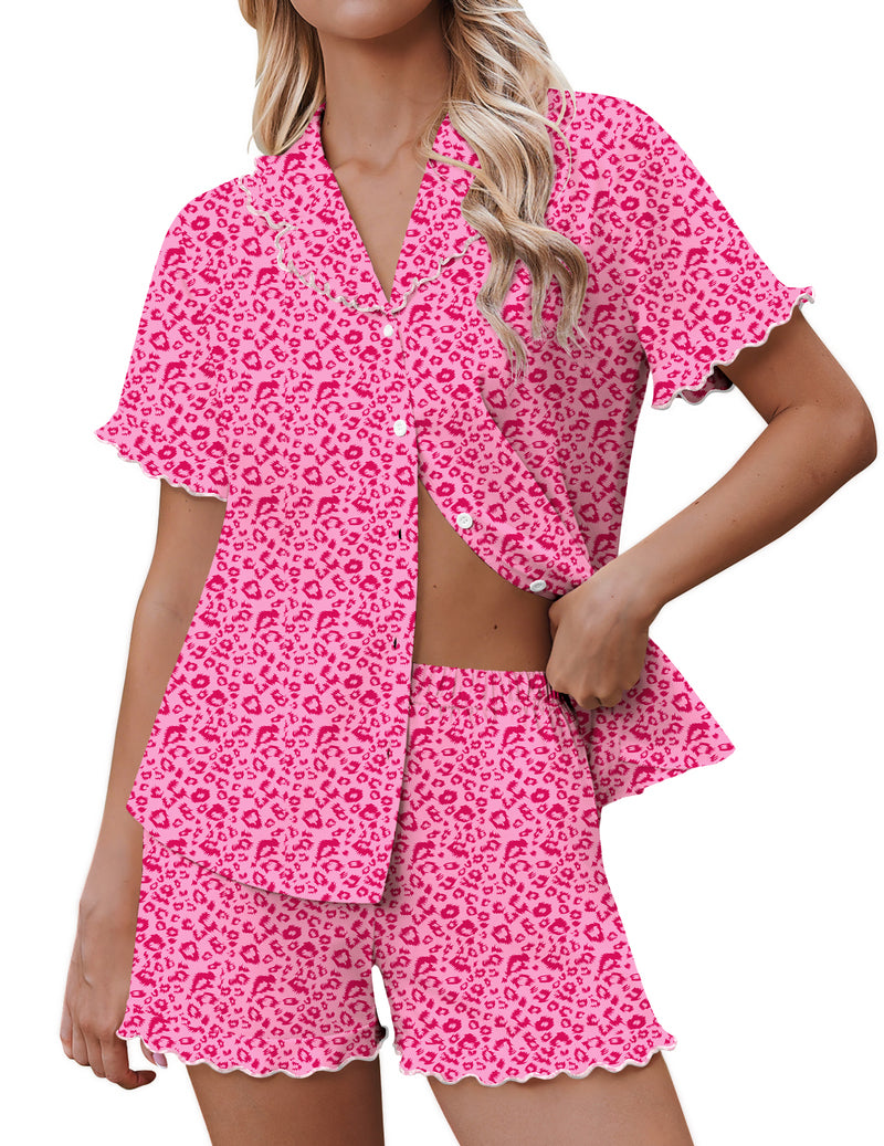Ekouaer button-down ruffle pajama set, pink leopard print with matching shorts