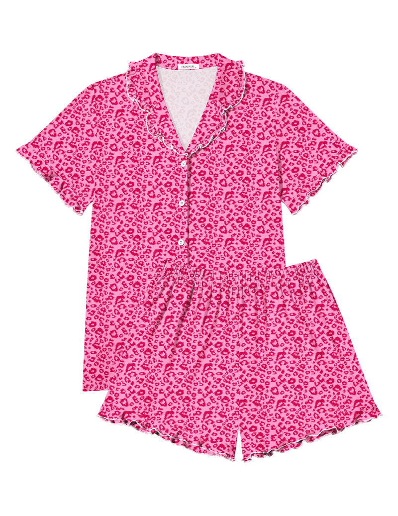 Ekouaer button-down ruffle pajama set, pink leopard print shorts set