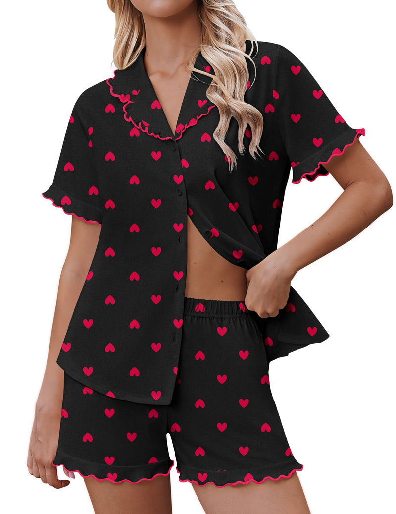 Ekouaer button-down ruffle pajama set, black with red hearts, matching shorts