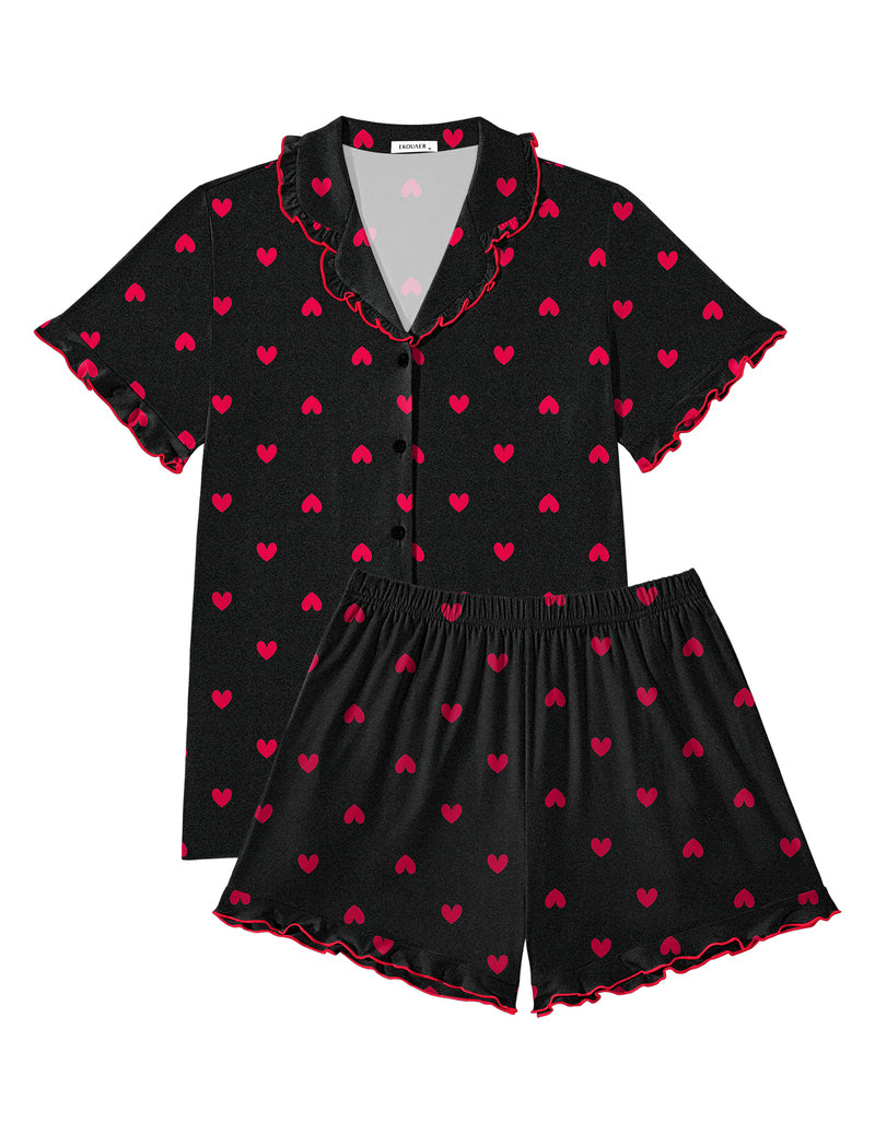 Ekouaer button-down ruffle pajama set, black with red heart print, matching shorts