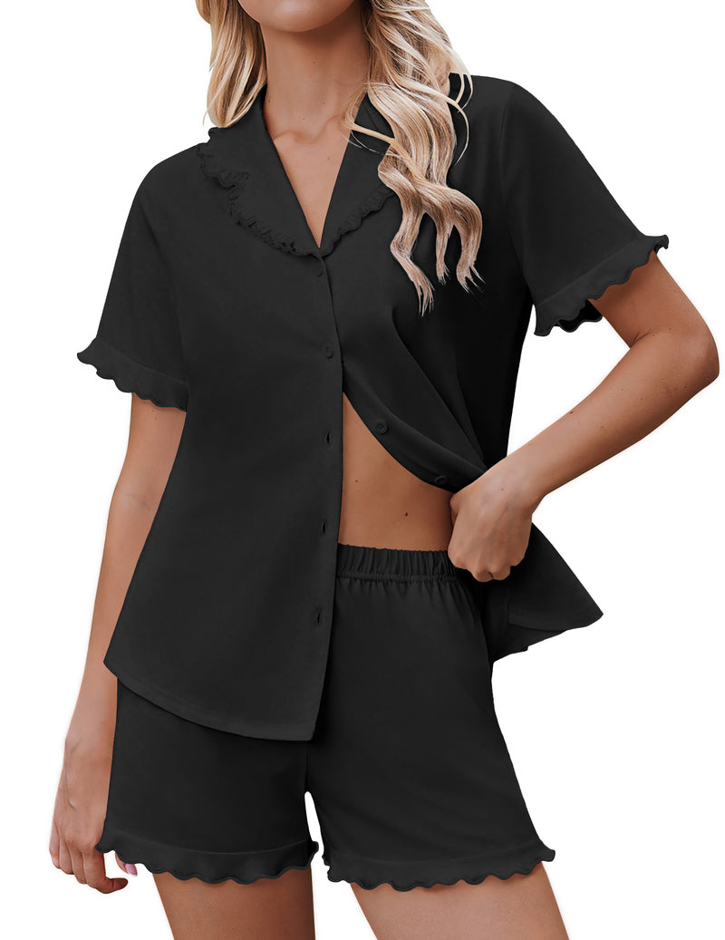 Ekouaer button-down ruffle pajama set, solid black top and matching shorts