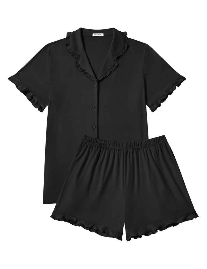 Ekouaer button-down ruffle pajama set, navy star print with scalloped collar and shorts
