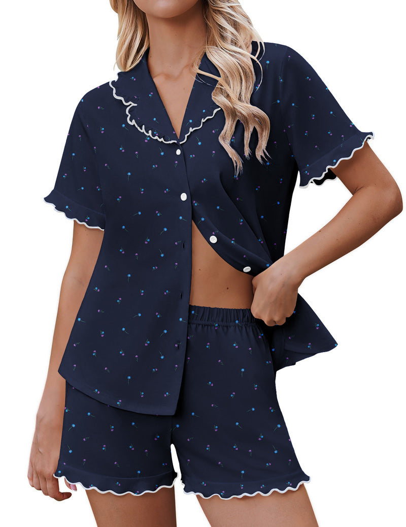 Ekouaer button-down ruffle pajama set, navy star print top with matching shorts