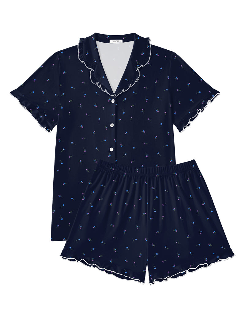 Ekouaer button-down ruffle pajama set, navy star print with matching shorts set