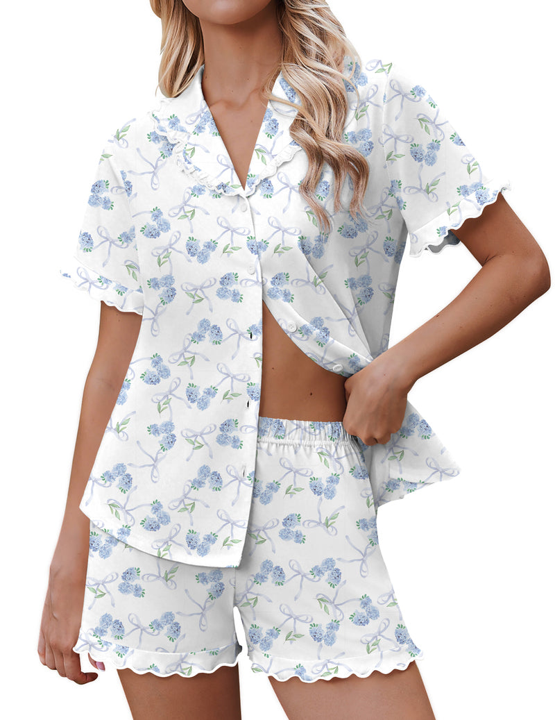 Ekouaer button-down ruffle pajama set, white with blue floral print and matching shorts