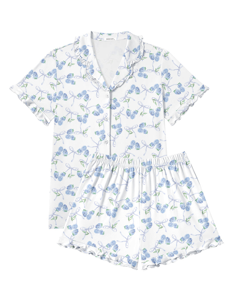 Light blue floral pajama set with button-down short-sleeve top and ruffle shorts