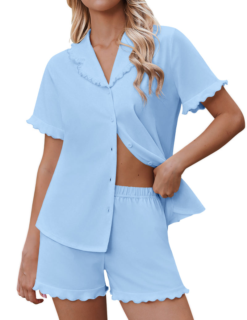 Light blue button-down pajama set with short sleeves and matching ruffle shorts