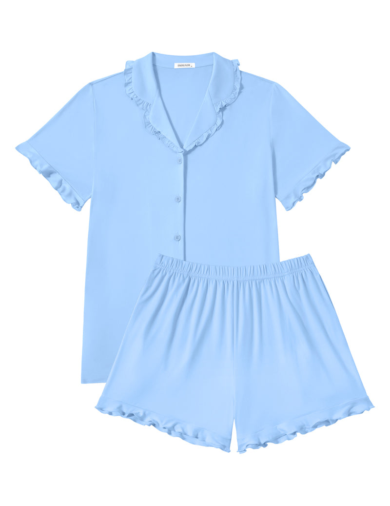 Light blue pajama set with button-down short-sleeve top and elastic-waist shorts