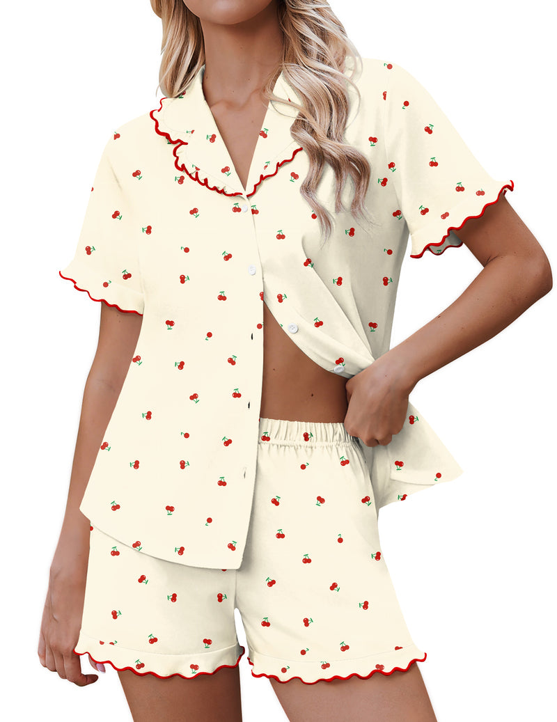 Cream cherry-print pajama set with button-down short-sleeve top and ruffle shorts