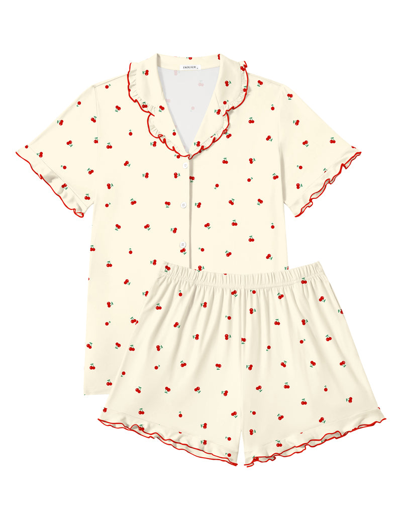Cream cherry-print pajama set with button-down short-sleeve top and elastic shorts