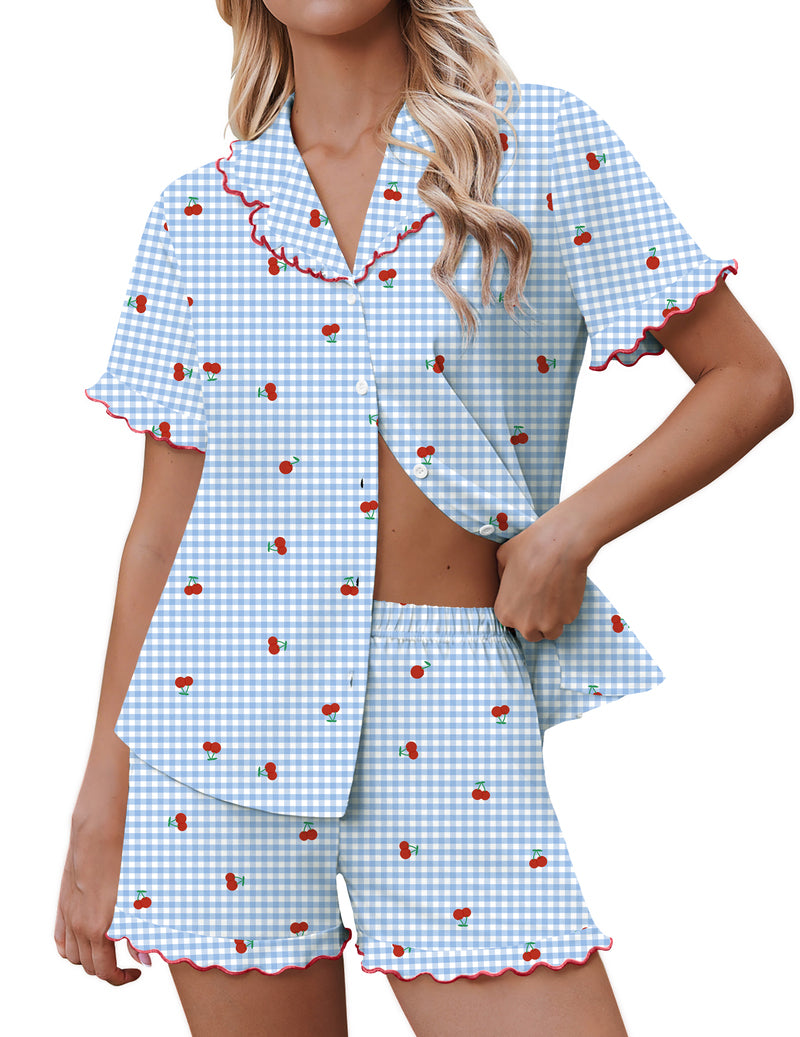 Light blue gingham cherry pajama set with button-down short-sleeve top and ruffle shorts
