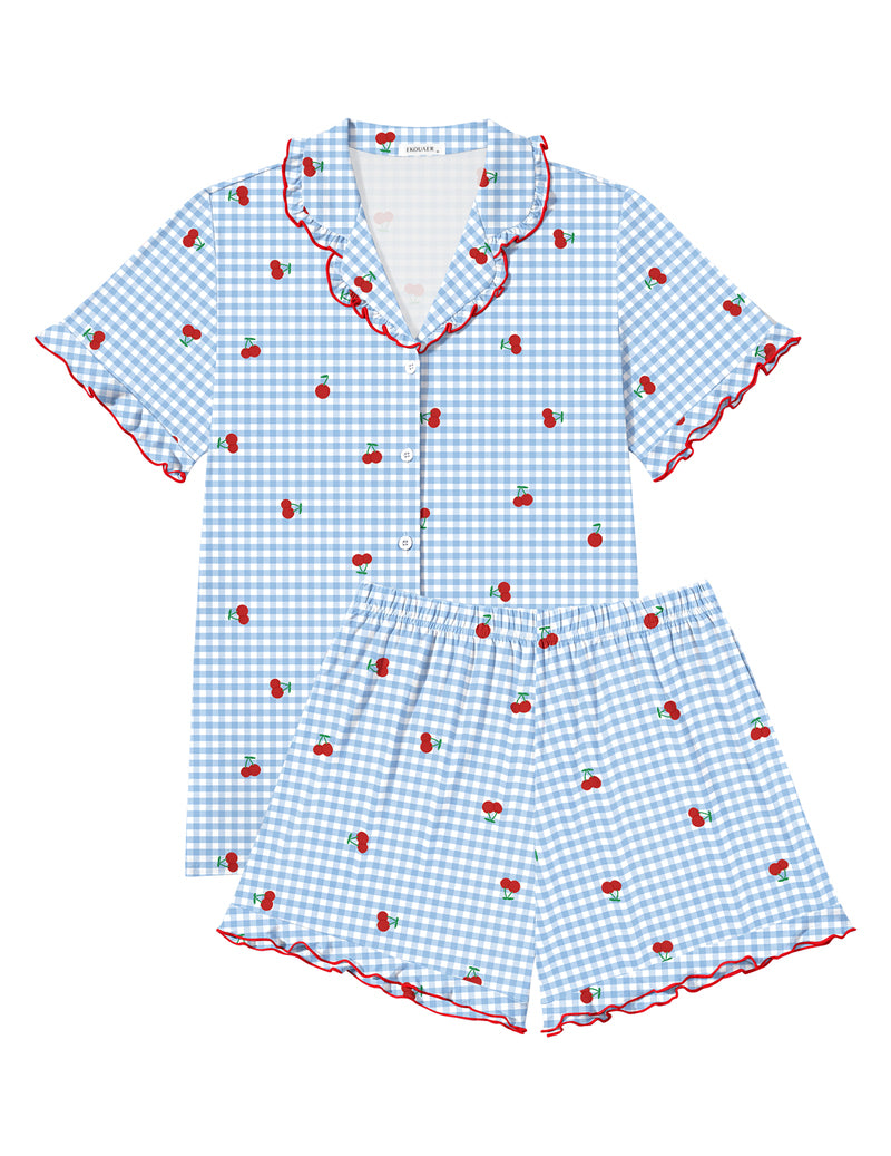 Light blue gingham cherry pajama set with button-down short-sleeve top and elastic shorts