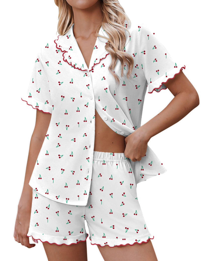 White cherry pajama set with button-down short-sleeve top and ruffle shorts