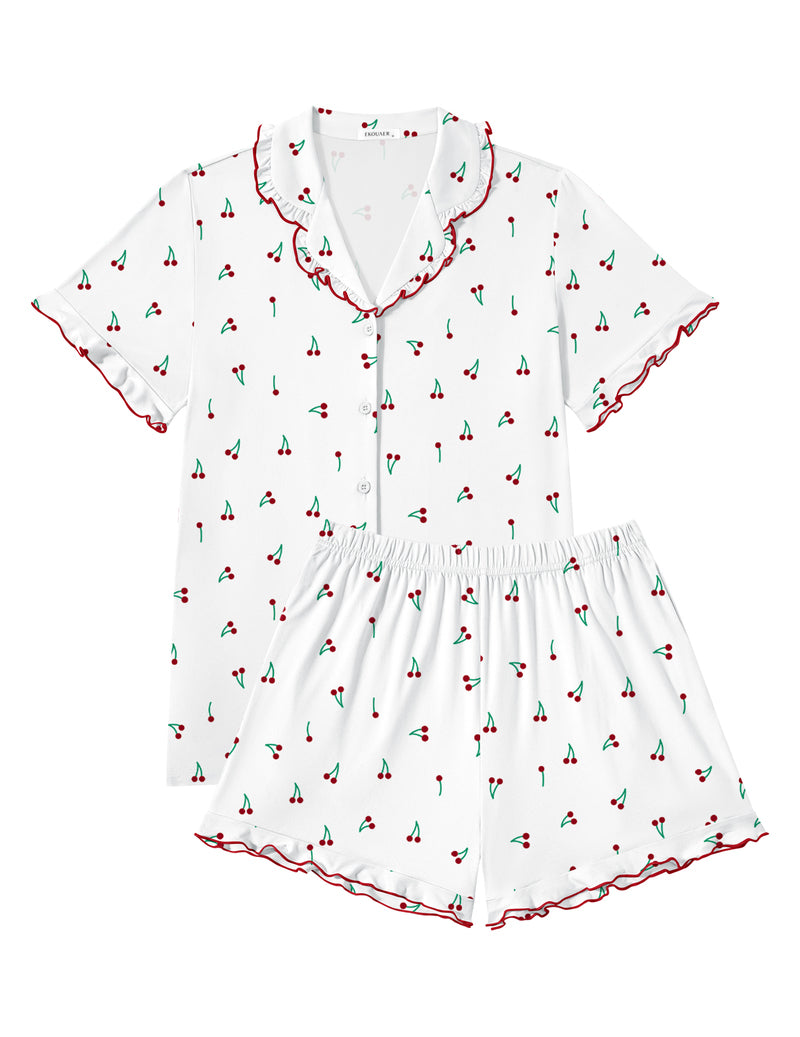 White cherry pajama set with button-down short-sleeve top and elastic-waist shorts