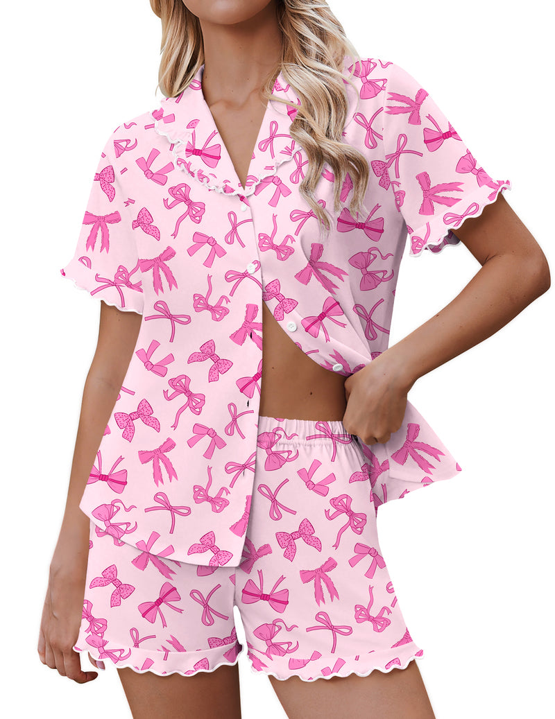 Pink bow-print pajama set with button-down short-sleeve top and ruffle shorts