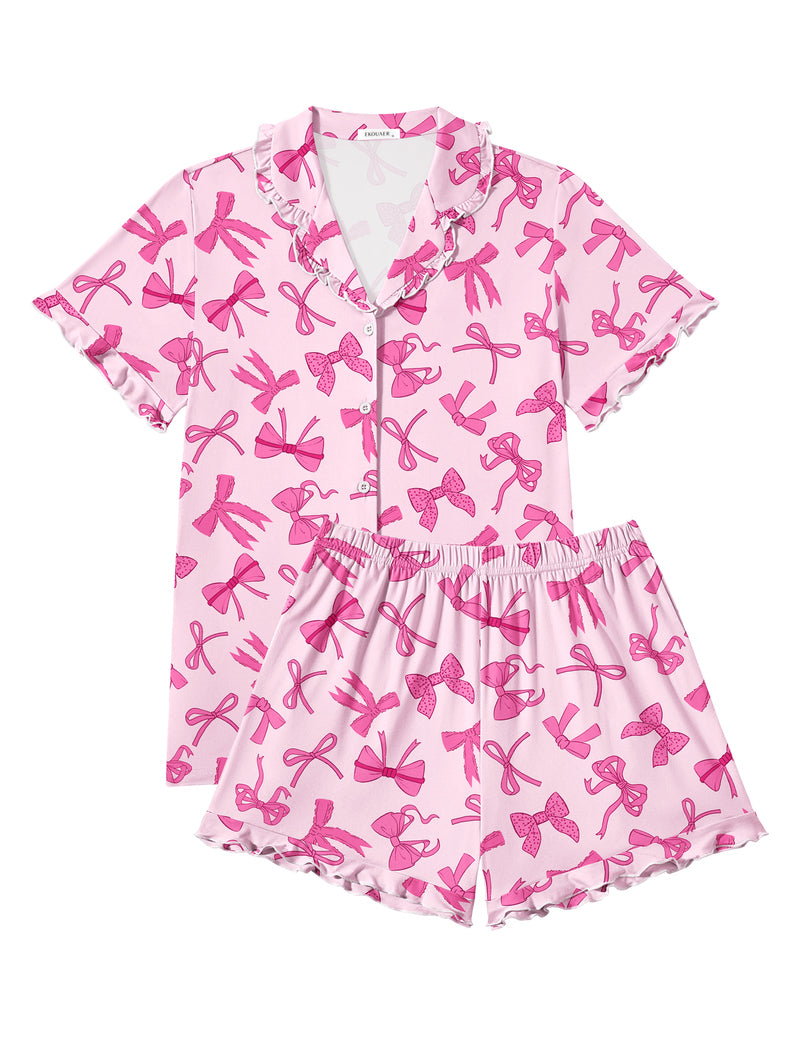 Pink bow print button-down pajama top with ruffled short sleeves and matching shorts set