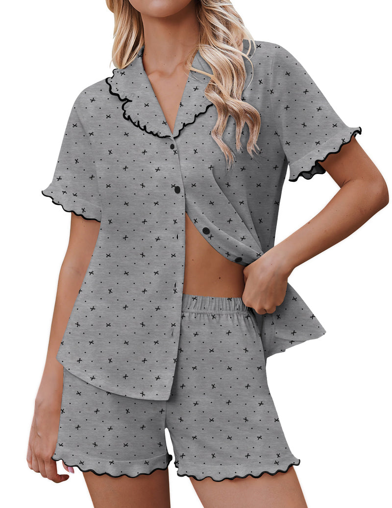 Dark gray star print button-down pajama top with short sleeves and matching shorts set