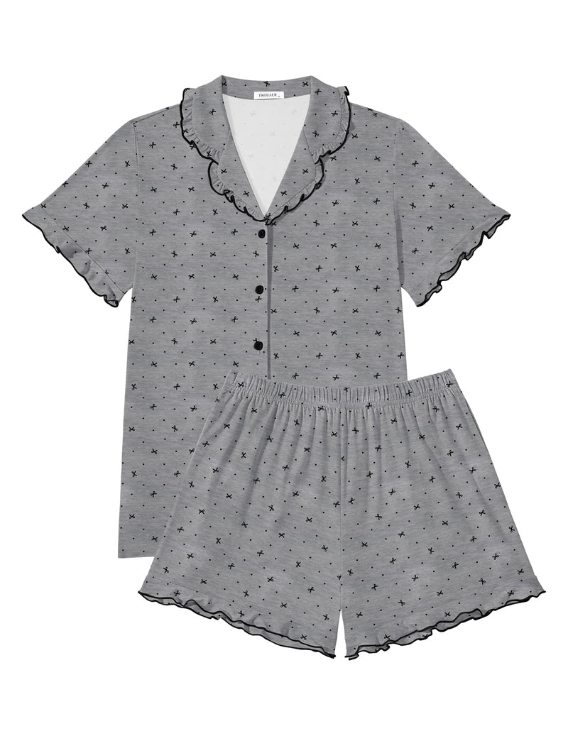 Gray star print button-down pajama top with ruffled collar and matching shorts set