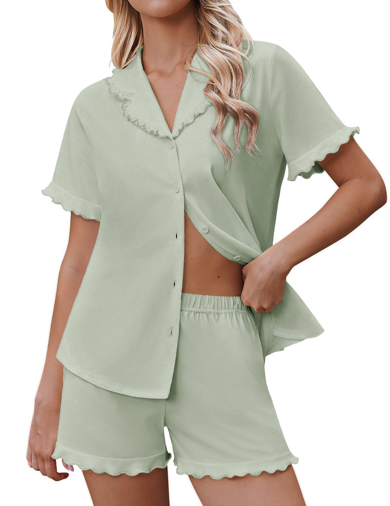 Sage green button-down pajama top with ruffled trim and matching shorts set