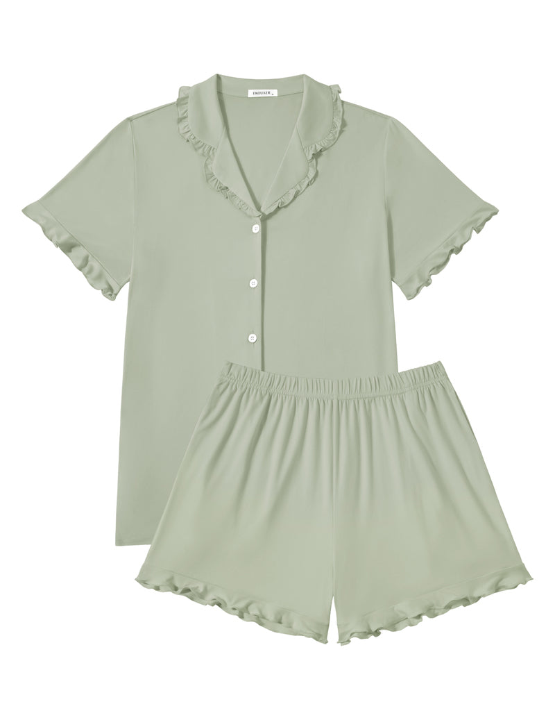 Sage green button-down pajama top with ruffled collar and elastic-waist shorts set