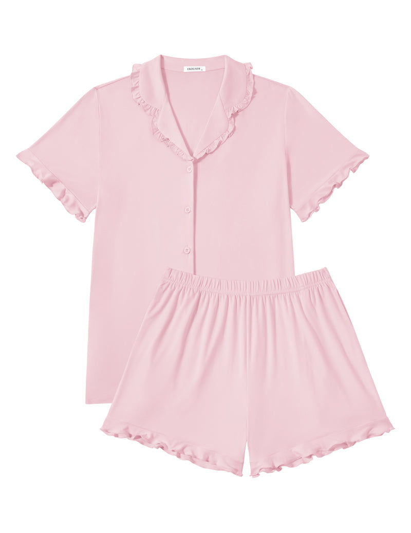Light pink button-down pajama top with ruffled collar and elastic-waist shorts set
