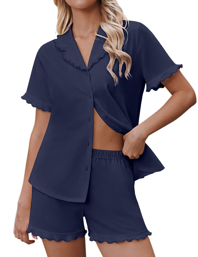 Navy button-down pajama top with ruffled trim and matching shorts set